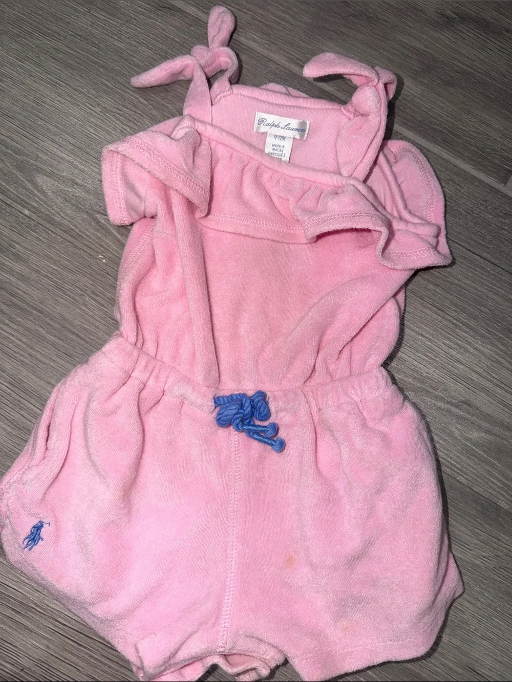 Ralph Lauren Pink Terry Romper with Blue Drawstring